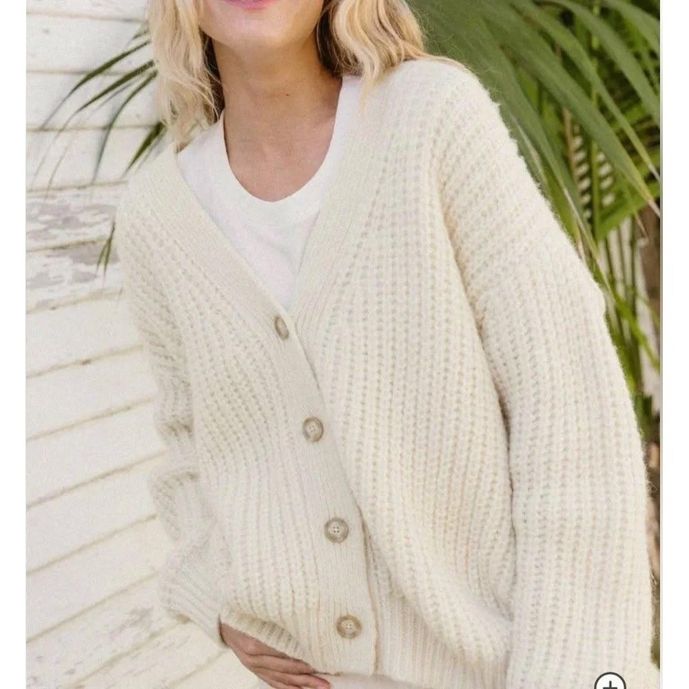 Jenni Kayne Alpaca Cocoon Cardigan XS Chunky Knit Wool Blend Oversized Cream